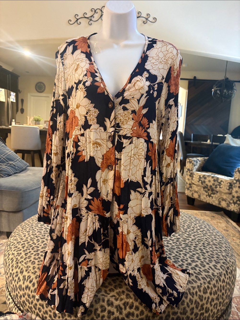 Floral V-Neck Long Sleeve Swing Dress - Navy with Cream & Rust Flowers